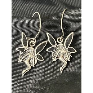 Vintage Sterling Silver Fairy Drop Dangle Earrings With Black Enamel Fairy Art